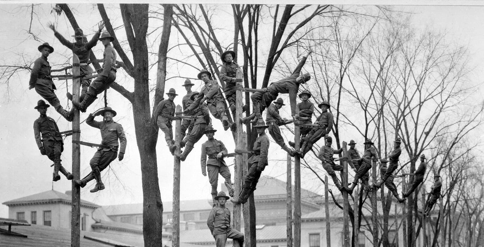 Des élèves électriciens en exercice, perchés sur une rangée de poteaux, avec leurs instructeurs.
